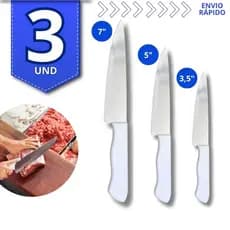 Kit 3 Faca Peixeira Inox Cabo Branco 3,5" 5" 7" Para Carne Peixe Legumes Uso Doméstico