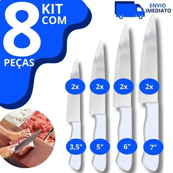Kit 8 Faca De Cozinha Inox Peixeira Do Chef Com Cabo Branco 7' 6' 5' 3,5' Polegadas Profissional