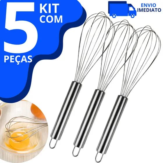 Kit 5 Batedor De Ovos E Massas Fouet Profissional Em Aço Inox Mixer Manual 30cm