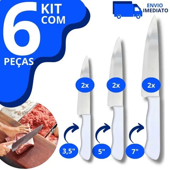 Kit 6 Faca De Cozinha Inox Peixeira Do Chef Com Cabo Branco 7 5 3,5 Polegadas Profissional