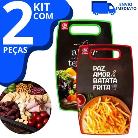 Kit 2 Tábua de Corte Plástico Estampada 37x23 Resistente para Carne, Legumes, Frutas e Queijo