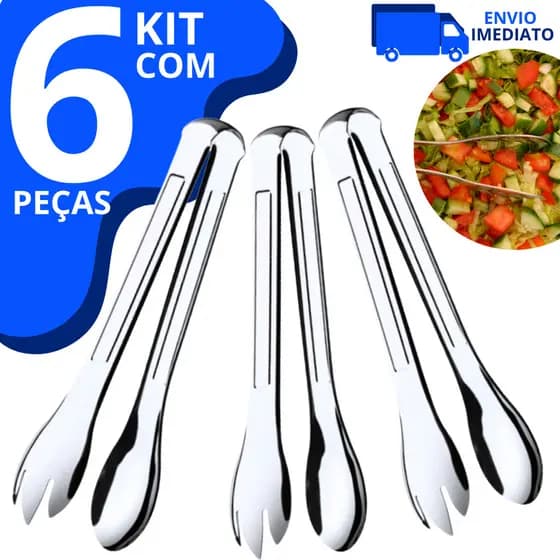 Kit com 6 Pegador de Saladas Macarrão Em Aço Inox Profissional 20cm Pegador Universal