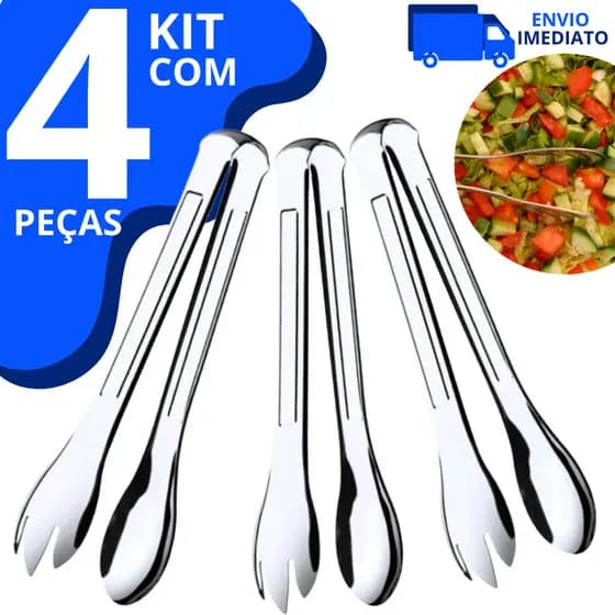 Kit com 4 Pegador de Saladas Macarrão Em Aço Inox Profissional 20cm Pegador Universal