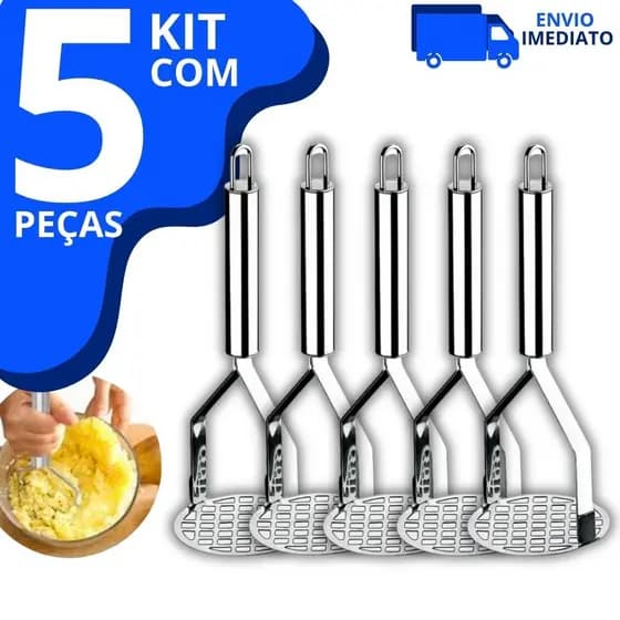 Kit 5 Amassador Espremedor de Batatas e Legumes Purê em Aço Inox Redondo com Cabo Reforçado