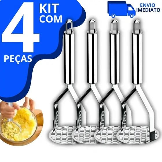 Kit 04 Amassador Espremedor de Batatas e Legumes Purê em Aço Inox Redondo com Cabo Reforçado