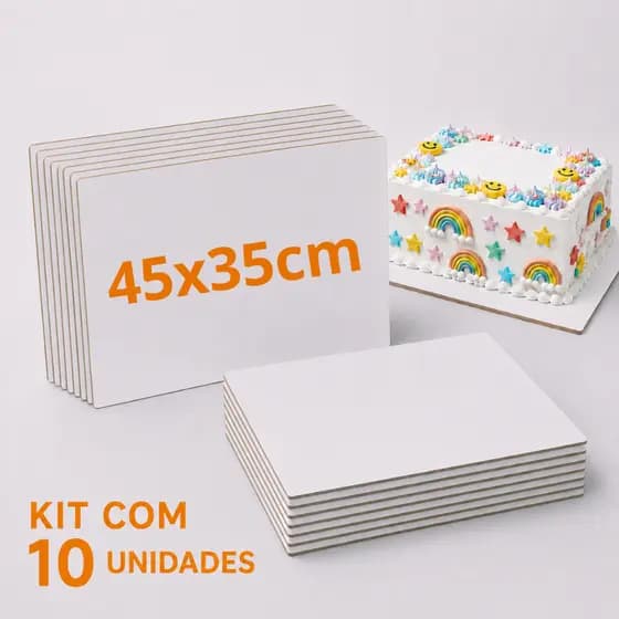Kit 10 Cake Board MDF 45x35cm Retangular Branco Canto Reto Suporte Tabuleiro base para Bolo 3mm