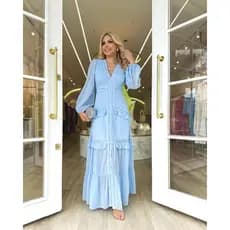 vestido feminino longo manga longa luxuoso casamento batizado chá de bebê elegante moderno Primavera verão azul bebê