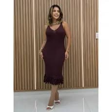 Vestido feminino de tricô tricot modal midi tubinho franja tendência