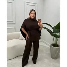 conjunto feminino tricô Premium calça flare cintura alta blusa morcego capa casual social elegante trabalho inverno