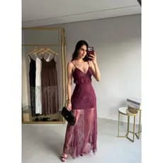 Vestido feminino longo renda rendado forrado elegante alças reguláveis festa casamento luxo luxuoso