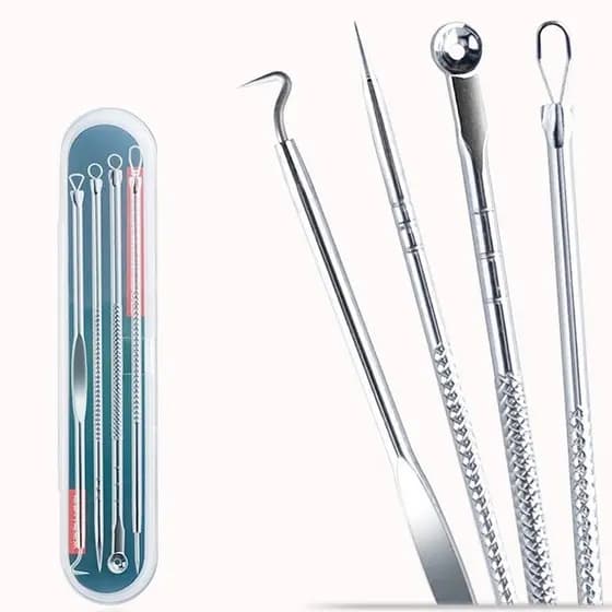 Kit Acne Espinha Extrator De Cravos Profissional Removedor 4 Pçs de Ponta Dupla com Pinça/Extrator/Agulha para Salão