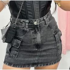 Saia Cargo Jeans Cintura Alta Empina Bumbum bolso lateral com Lycra
