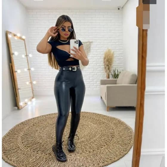 Calça Courino Feminina Térmica Cintura Alta Feminina Flanelada