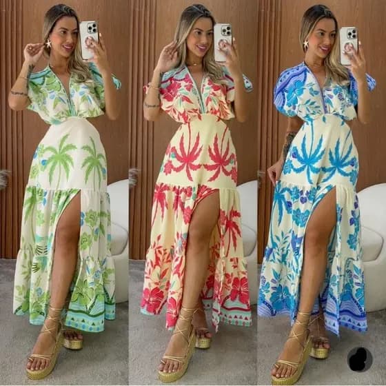 Vestido Midi Gola V Estampado Floral