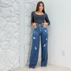 Calça Jeans Wide Leg Pantalona Cintura Alta Blessmih