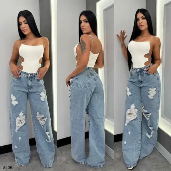 Calça Jeans Wide Leg Destroyed Pantalona Feminina Pimenta Doce