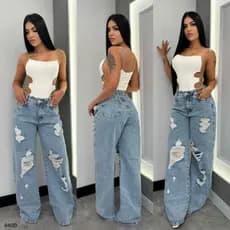 Calça Jeans Wide Leg Destroyed Pantalona Feminina Pimenta Doce