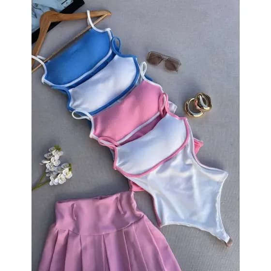 Body Feminino Canelado Bicolor Alça Fina com Bojo