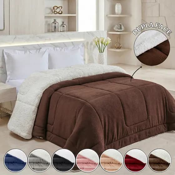 Coberdrom Casal Queen Sherpa 2,40m x 2,20m Edredom Manta Dupla Face Lã De Carneiro Macio Conforto