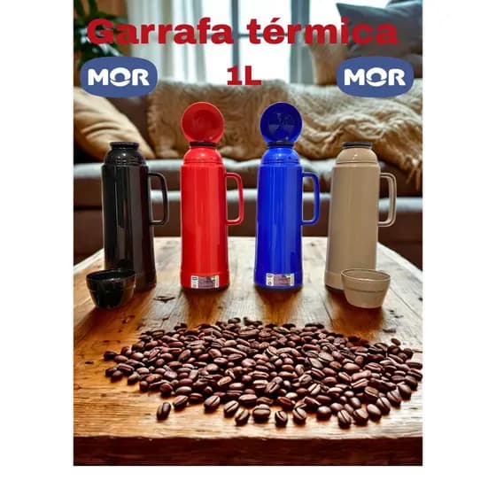 Garrafa Térmica MOR 1 Litro – Cores Azul, Vermelha e Bege | Café, Chá, Água | Alta Conservação