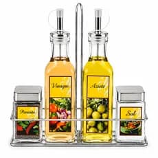 Kit Galheteiro Vidro Jogo 5 Peças Azeite 200ml Sal Vinagre Saleiro Porta Tempero Bico Dosador