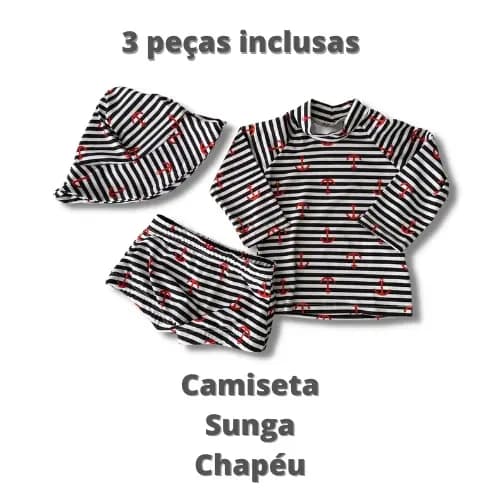 Conjunto de praia listrado âncora. 3 peças. Roupa de praia para bebe menino. Com proteção UV50+. Peças disponíveis do P até 4 anos. Camiseta, sunga e chapeu.