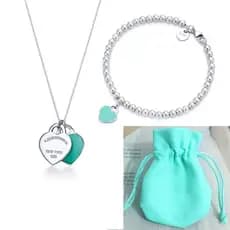 Conjunto De Colar E Pulseira T & Co Com Corrente De Coração Azul De Prata 925 Bolsa De Veludo