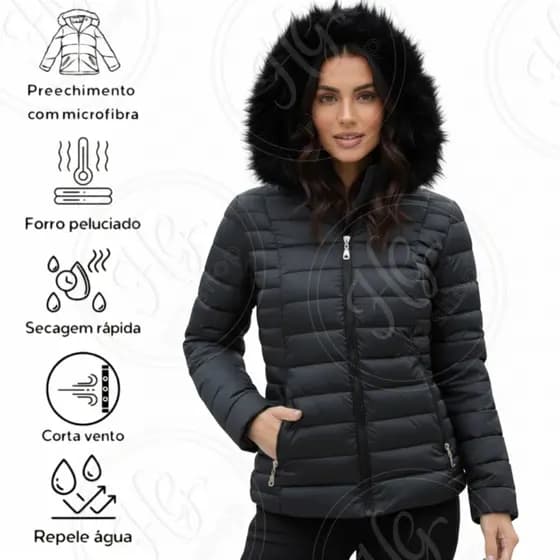 Jaqueta Feminina Puffer Forrada Pelo Bobojaco Estilosa Capuz Removível