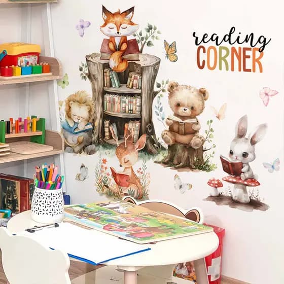 Crianças lendo canto Animal adesivos de parede bonito raposa urso leitura decoração adesivos