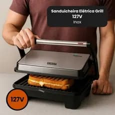 Sanduicheira Elétrica Grill 127V Potente Inox Aquecimento Rápido Placas Antiaderentes Prática Cozinha Oferta Promoção