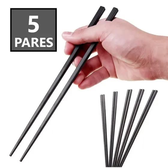 KIT HASHI 5 PARES PRETO MELAMINA REUTILIZÁVEL PALITINHO JAPONÊS