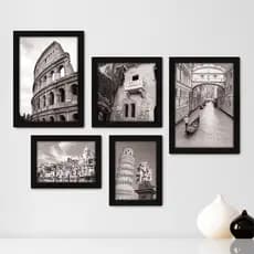 Kit Com 5 Quadros Decorativos - Itália - Cidades - Pontos Turísticos - Roma Nápoles Pisa Veneza Florença - Preto e Branco - 276kq01