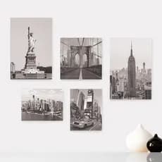 Kit 5 Quadros Decorativos Placas - Nova Iorque New York Viagem Preto e Branco Mundo Casa Quarto Sala - 343ktpl5