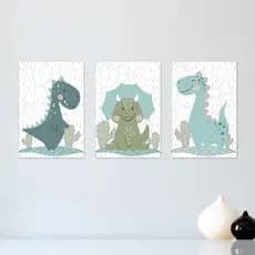 Kit 3 Quadros Decorativos Placas Dinossauros Dino Infantil Bebe Quarto Menino Menina - 0134ktpl