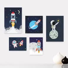 Kit 5 Quadros Decorativos Placas - Espaço - Astronauta - Nave - Infantil Bebê Quarto Menino Menina - 317ktpl5