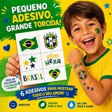 12 Adesivos Tatuagem Temporária Brasil Infantil Copa Seleção Fácil Aplicar