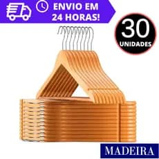 Kit 30 Cabide De Madeira Marfim REFORÇADO Para Roupas Calça C/ Gancho Cromado