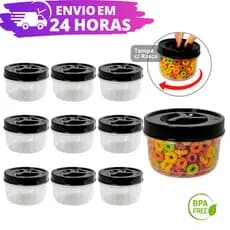 Jogo 10 Potes Redondo 300ml Tampa Preta com Rosca BPA FREE REFORÇADO Potinho Transparente Tempero Papinha Bebê