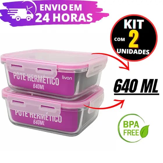 Conjunto 02 Potes Vidro 640ML REFORÇADO C/ Tampa Hermético Freezer Micro-ondas 4 Travas