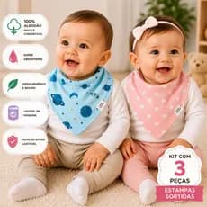 Kit 3 Babadores Bandana Estampados 100% Algodão Premium Bebê Macio Absorvente Menino Menina