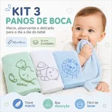 Kit 3 Panos de Boca Bebê 40x40cm Macios Absorventes Estampados Premium Menino Menina