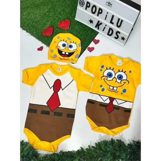 Body mesversário Bob Esponja com touca fantasia bodi bori bory patrick fundo do mar desenho roupa tematica bebe