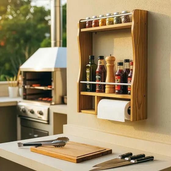 Nicho Porta Tempero Condimentos e Toalha com Prateleira Organizador Madeira Para Cozinha