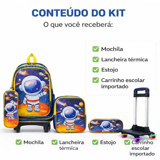 Kit Mochila Escolar  infantil Astronauta com Rodinhas LED Lancheira Térmica Estojo Completo