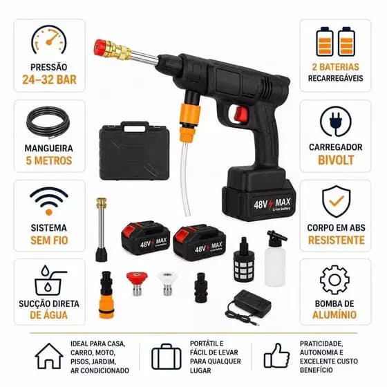 Lavadora de Alta Pressão Portátil Sem Fio Recarregável Bivolt Profissional