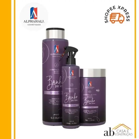 Kit Banho de Seda Profissional Alphahall 03 itens 1kg Shampoo Máscara Bbcream