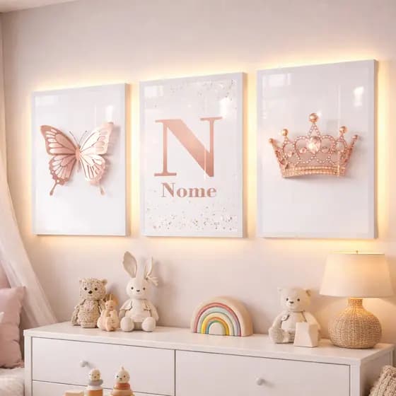 Quadro Decorativos Para Quarto Infantil Menina Borboleta Coroa Rosa e Branco Personalizado