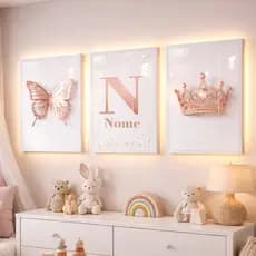 Quadro Decorativos Para Quarto Infantil Menina Borboleta Coroa Rosa e Branco Personalizado