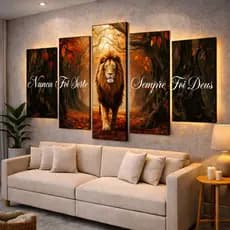 Quadros Decorativos Mosaico Leão Paisagem Nunca Foi Sorte Sempre Foi Deus 5 Peças Sala Quarto