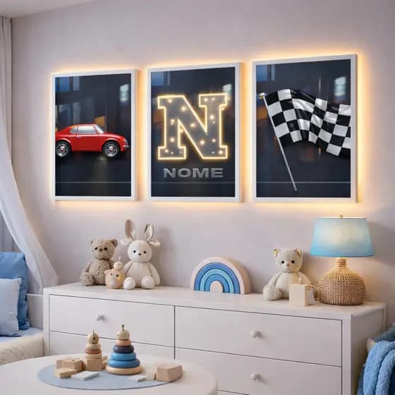 Quadros Decorativos Para Quarto de Menino Infantil Carro Vermelho Corrida Nome Personalizado